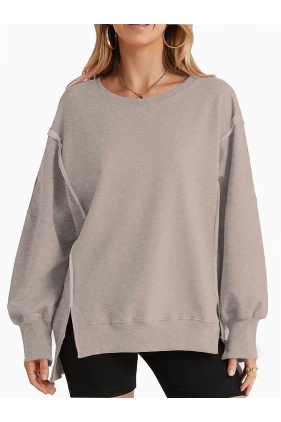 Women Oversized Sweatshirts Crewneck Side Slit Pullover Long Sleeve Casual Tops