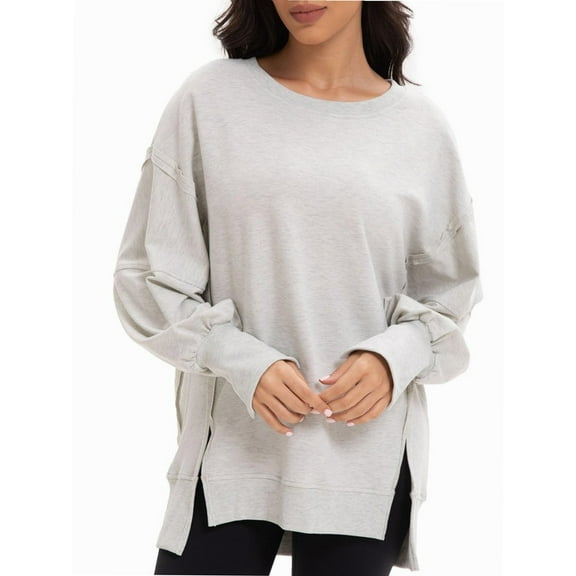 Women Oversized Sweatshirts Crewneck Side Slit Pullover Long Sleeve Casual Tops