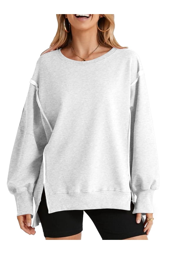 Women Oversized Sweatshirts Crewneck Side Slit Pullover Long Sleeve Casual Tops