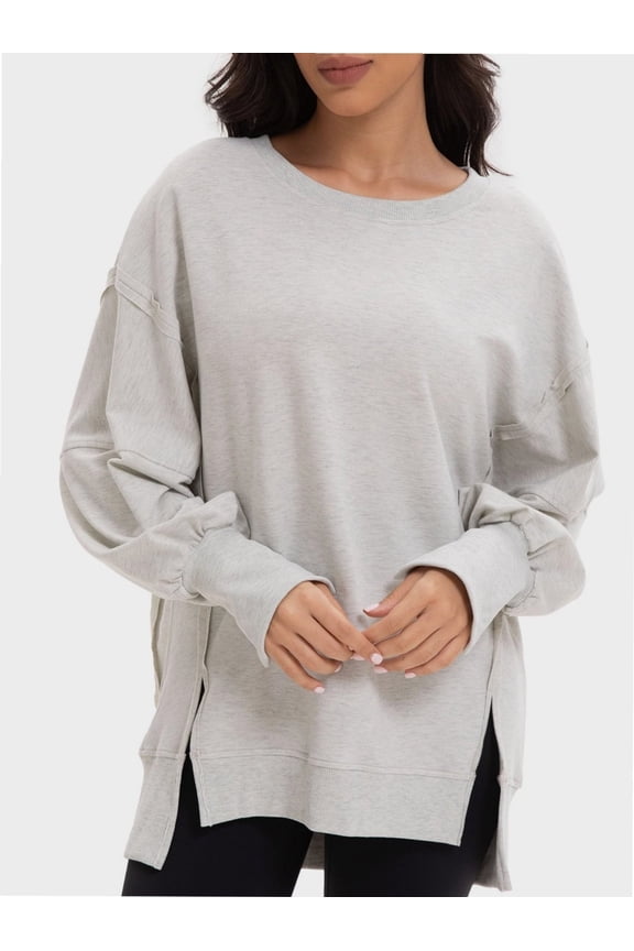 Women Oversized Sweatshirts Crewneck Side Slit Pullover Long Sleeve Casual Tops