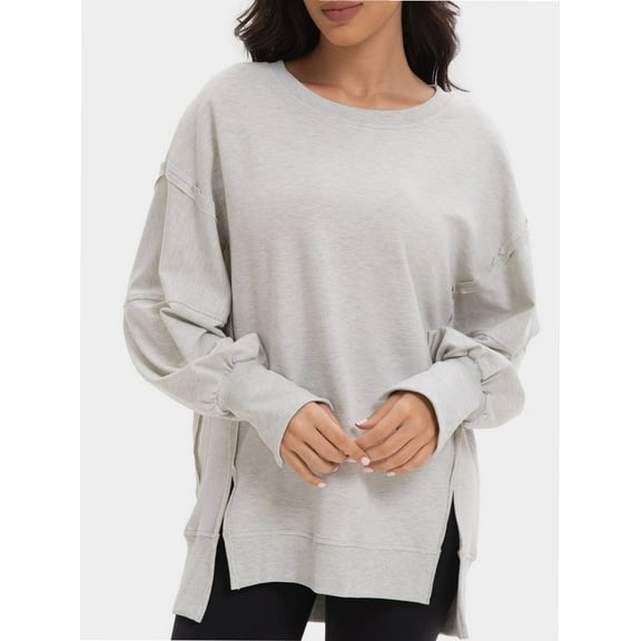Women Oversized Sweatshirts Crewneck Side Slit Pullover Long Sleeve Casual Tops
