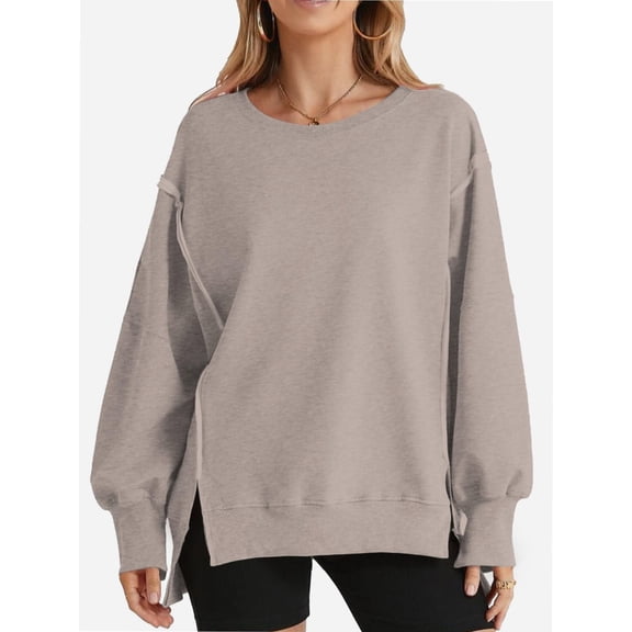 Women Oversized Sweatshirts Crewneck Side Slit Pullover Long Sleeve Casual Tops