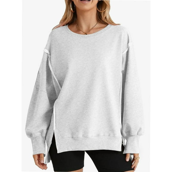 Women Oversized Sweatshirts Crewneck Side Slit Pullover Long Sleeve Casual Tops