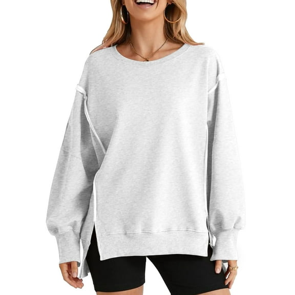 Women Oversized Sweatshirts Crewneck Side Slit Pullover Long Sleeve Casual Tops