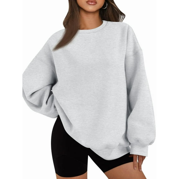 Women Oversized Sweatshirts Hoodie Fleece Crew Neck Long Sleeve Sweaters Comfy Fall Fashion Outfits Light Grey L