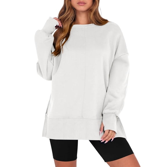 Women Oversized Sweatshirts Thumbhole Long Sleeve Hoodies Shirts Fall Side Slit Pullover Top Y2k Outfits White L