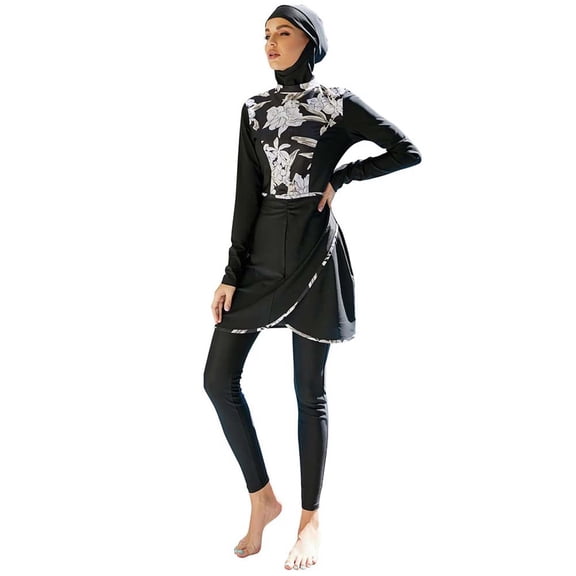 Women Oversized Swimsuit Conservative Swimsuit Long Sleeve Trousers Swim Cap Three Piece Swimsuit