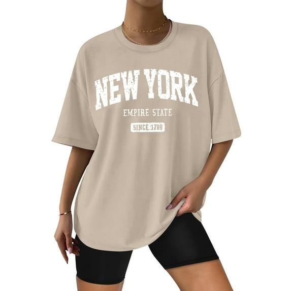 Women Oversized T Shirt New York Printed Round Neck Drop Shoulder Tops 2026 Trendy Short Sleeve Tees