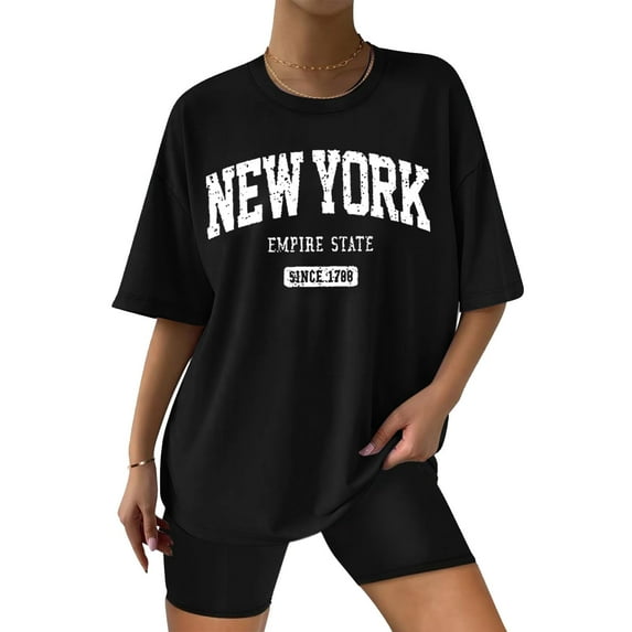 Women Oversized T Shirt New York Printed Round Neck Drop Shoulder Tops 2026 Trendy Short Sleeve Tees