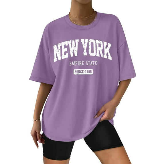 Women Oversized T Shirt New York Printed Round Neck Drop Shoulder Tops 2026 Trendy Short Sleeve Tees