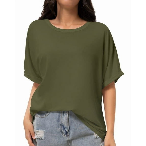 Women Oversized T-Shirt Round Neck Pull On T-Shirt Basic Casual Loose Fit Workout Tops
