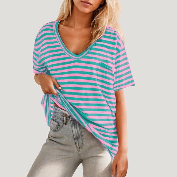 Women Oversized T Shirt Striped Short Sleeve Deep V Neck Tee Shirt Casual Loose Drop Shoulder Summer Going Out Top, Limited Time Offer, Under 10 Dollars