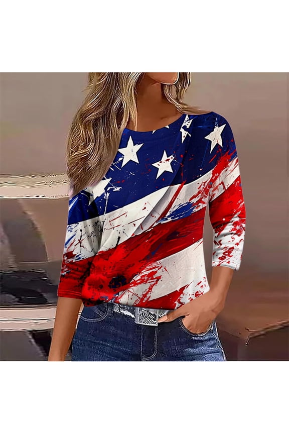 Women Oversized T Shirts Independence Day USA Printed Loose Fit 3/4 Sleeve Soft Round Neck Tees 2026 Spring Fashion Casual Tops