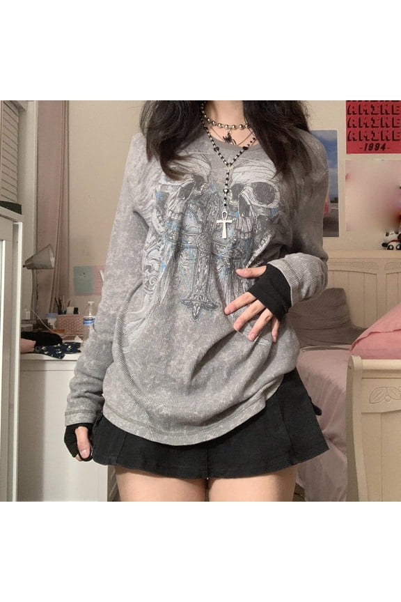 Women Oversized T Shirts Loose Fit Crewneck Tops Long Sleeve Skull Printed Basic Y2K Tees