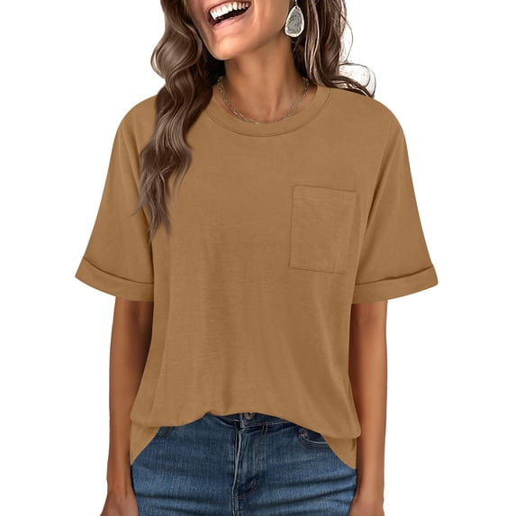 Women Oversized T Shirts Short Sleeve Summer Casual Loose Top Basic Tee with Pocket Camel XL