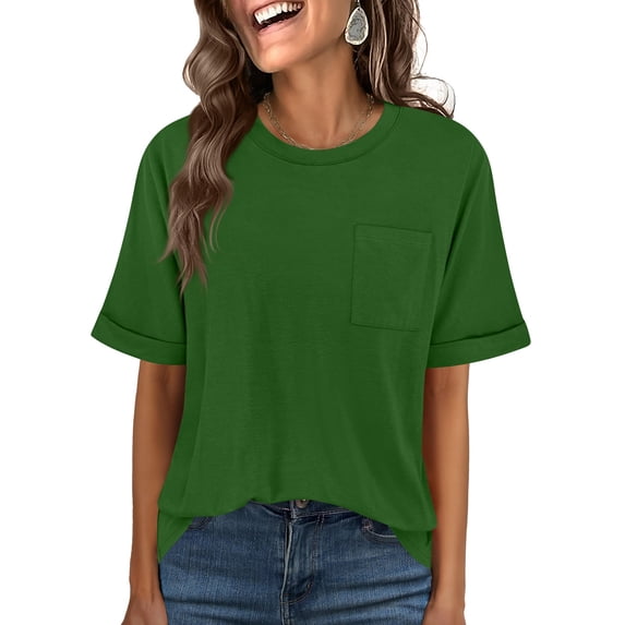 Women Oversized T Shirts Short Sleeve Summer Casual Loose Top Basic Tee with Pocket Dark Green L