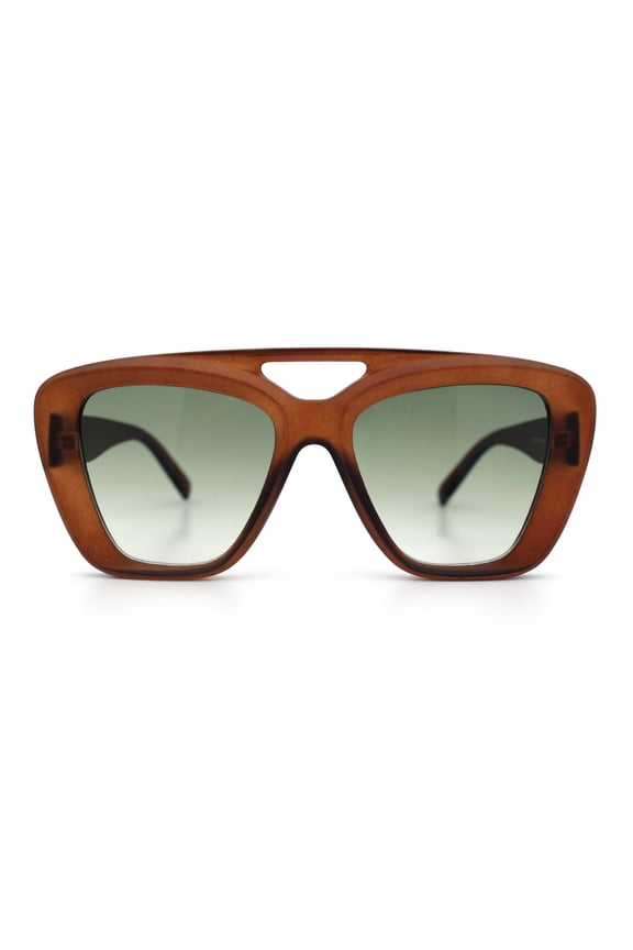 Women Oversized Thick Plastic Rectangle Cat Eye Flat Top Diva Sunglasses Matte Brown - Green