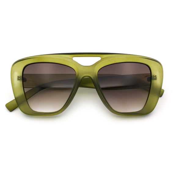SA106 Women Oversized Thick Plastic Rectangle Cat Eye Flat Top Diva Sunglasses / Matte Green Frame - Brown Lens
