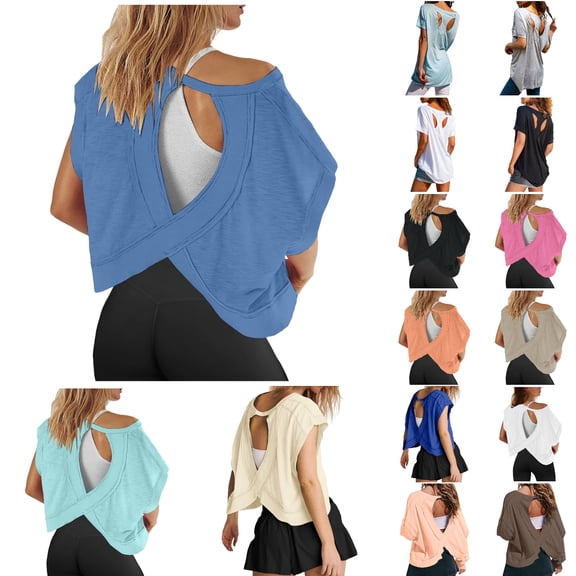 Women Oversized Tshirt Open Back Lightweight Short Sleeve Round Neck Top Workout Athletic Breathable Solid Color Women's Tshirts