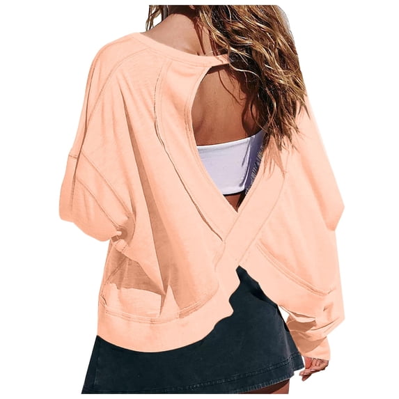 Women Oversized Tshirt Open Back Workout Athletic Long Sleeve Round Neck Top Breathable Lightweight Solid Color T Shirt Women