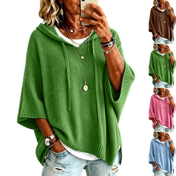 Women Oversized Tunic Sweaters Fall Slouchy 3/4 Sleeve Ribbed Knit Drawstring Pullover Y2K Fall Drop Shoulder Hoodies Green L