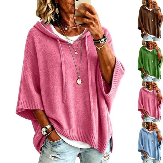 Women Oversized Tunic Sweaters Fall Slouchy 3/4 Sleeve Ribbed Knit Drawstring Pullover Y2K Fall Drop Shoulder Hoodies Pink XL