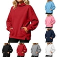 thumbnail image 1 of Women Oversized Turtleneck Red Sweatshirt Sevevn Solid Color Long Sleeve Pocket Pullover Fall Casual Daily Top, 1 of 1