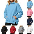 thumbnail image 1 of Women Oversized Turtleneck Sweatshirt Sevevn Solid Color Long Sleeve Pocket Pullover Fall Casual Daily Top, 1 of 5