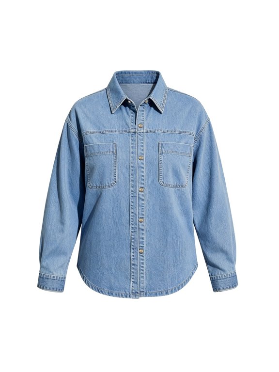 Women Oversized Washed Denim Jacket French Casual Long Sleeve Button Down Shirt Outerwear Loose Fit Shacket With Pockets For Everyday Wear(Big & Tall,S)