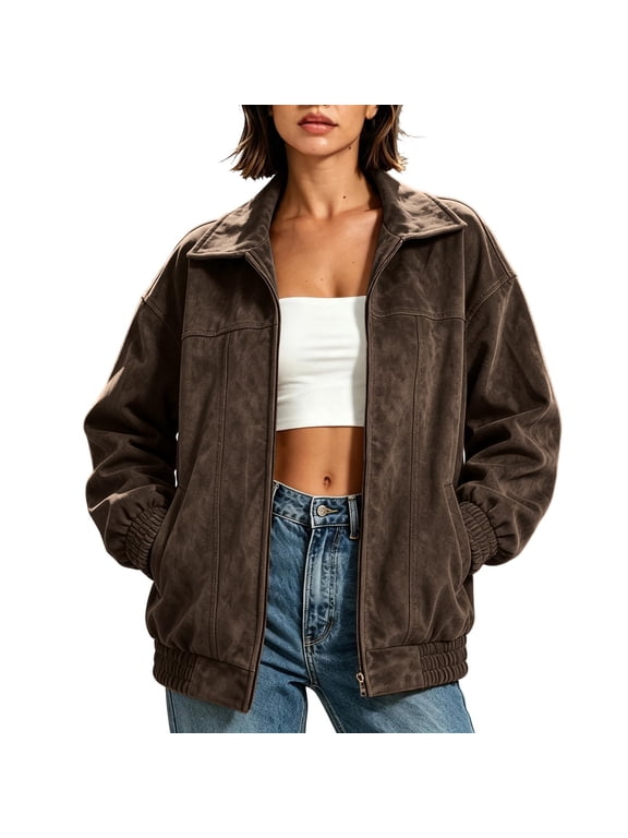 Women Oversized Zip Up Bomber Jacket, Lapel Collar Long Sleeve Casual Outerwear, Soft Faux Suede Coat for Daily Weekend Streetwear Coffee S