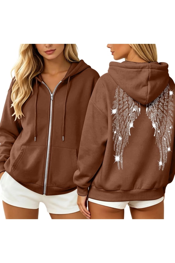 Women Oversized Zip Up Hooded Jacket, Rhinestone Angel Wings Pattern Long Sleeve Casual Hoodie with Drawstring and Pockets for Daily Wear,Coffee,M