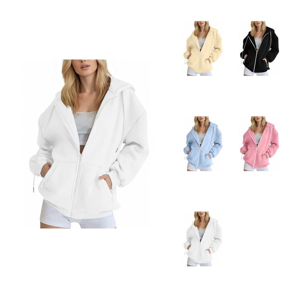 Women Oversized Zip-Up Hoodie, Long Sleeve Sweatshirt with Pockets, Casual Fall Winter Hooded Jacket for Teen Girls