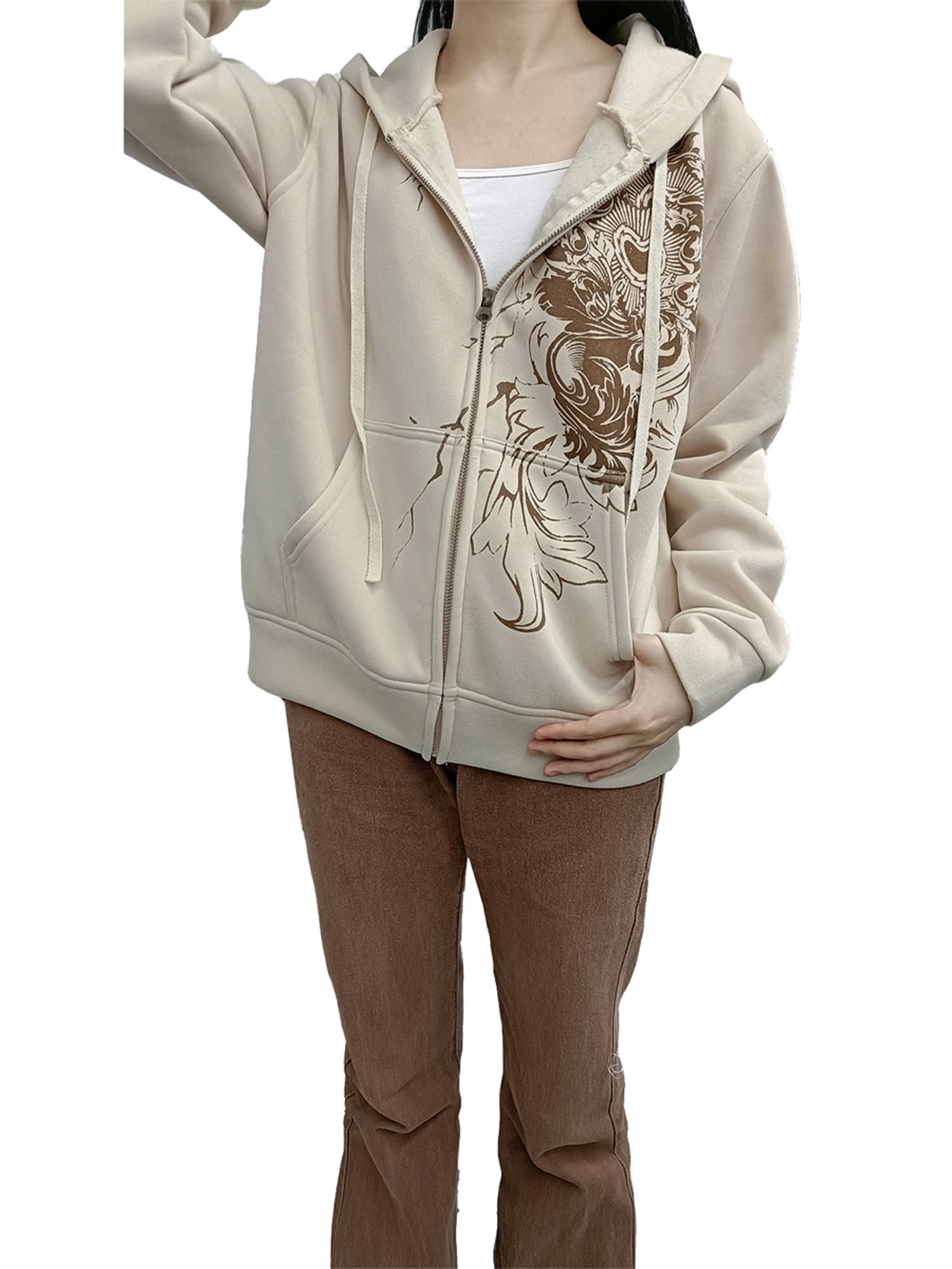 Women Oversized Zip Up Hoodie Vintage Long Sleeve Graphic Print Sweatshirt With Pockets Spring Fall