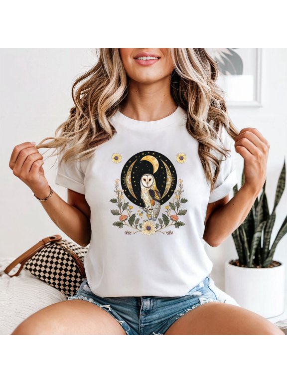Women Owl Celestial Mystical Night Sky T-Shirt