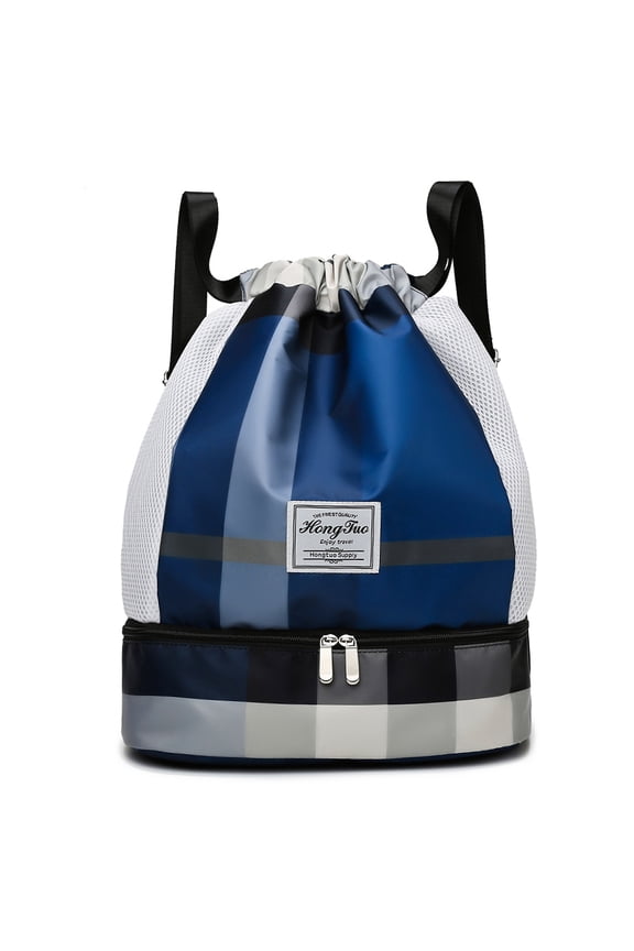 Women Oxford Cloth Drawstring Gym Sack Backpack Bag Large Capacity Multiple Pocket Luggage Bag Adjustable Strap Folded Shopping Bag for Shopping Work Dating Use (Blue)