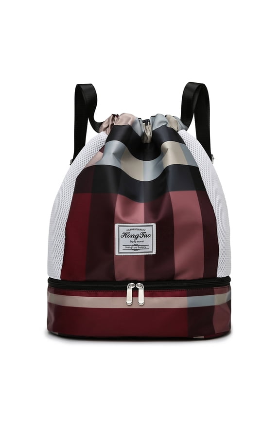 Women Oxford Cloth Drawstring Gym Sack Backpack Bag Large Capacity Multiple Pocket Luggage Bag Adjustable Strap Folded Shopping Bag for Shopping Work Dating Use (Red)