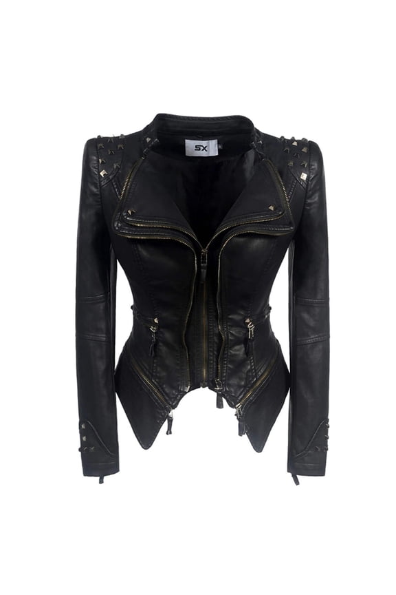 Women PU Faux Leather Rivet Jackets