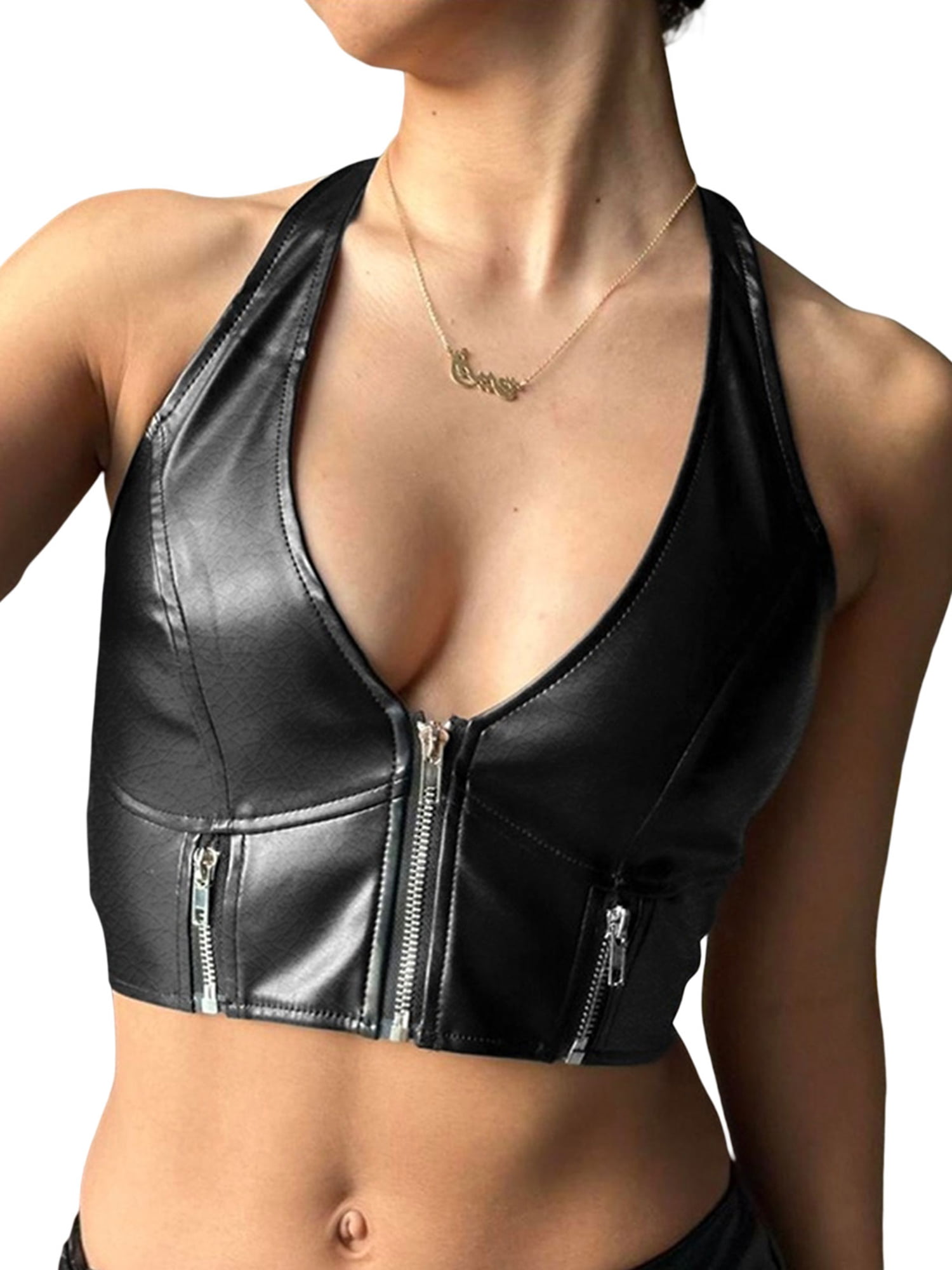 Women PU Halter Crop Top Gothic Sleeveless Vest Leather V Neck Zipper Solid  Color Street Party Black Cropped Tops