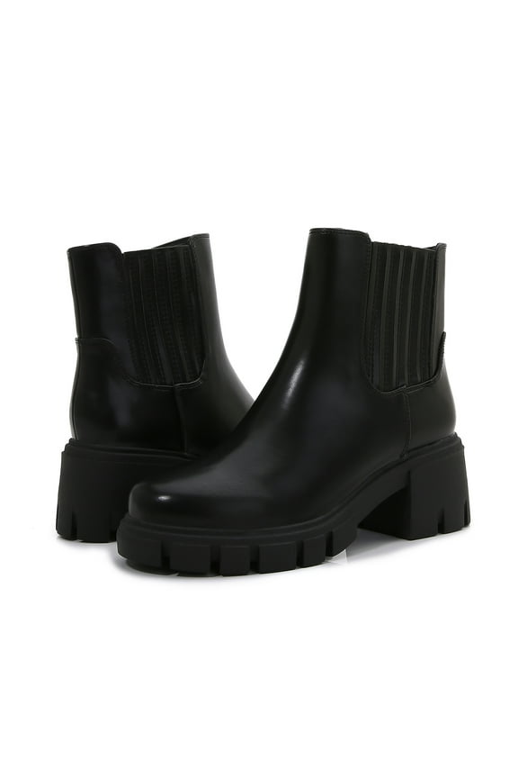 Women PU Leather Chunky Platform Chelsea Boots Zip Up Ankle Booties (Black / 11)