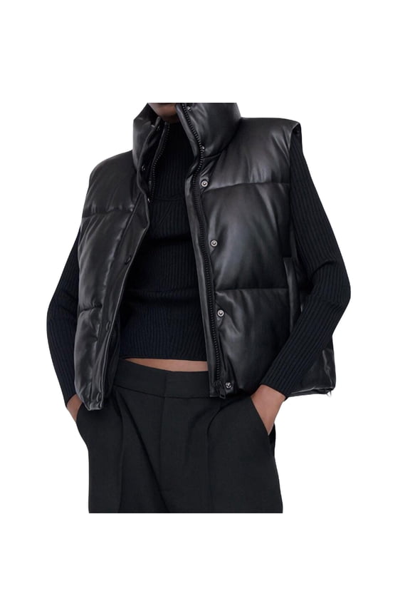 Women PU Leather Crop Vest Lightweight High Neck Zipper Sleeveless Puffer Jacket Solid Color Winter Warm Padded Gilet