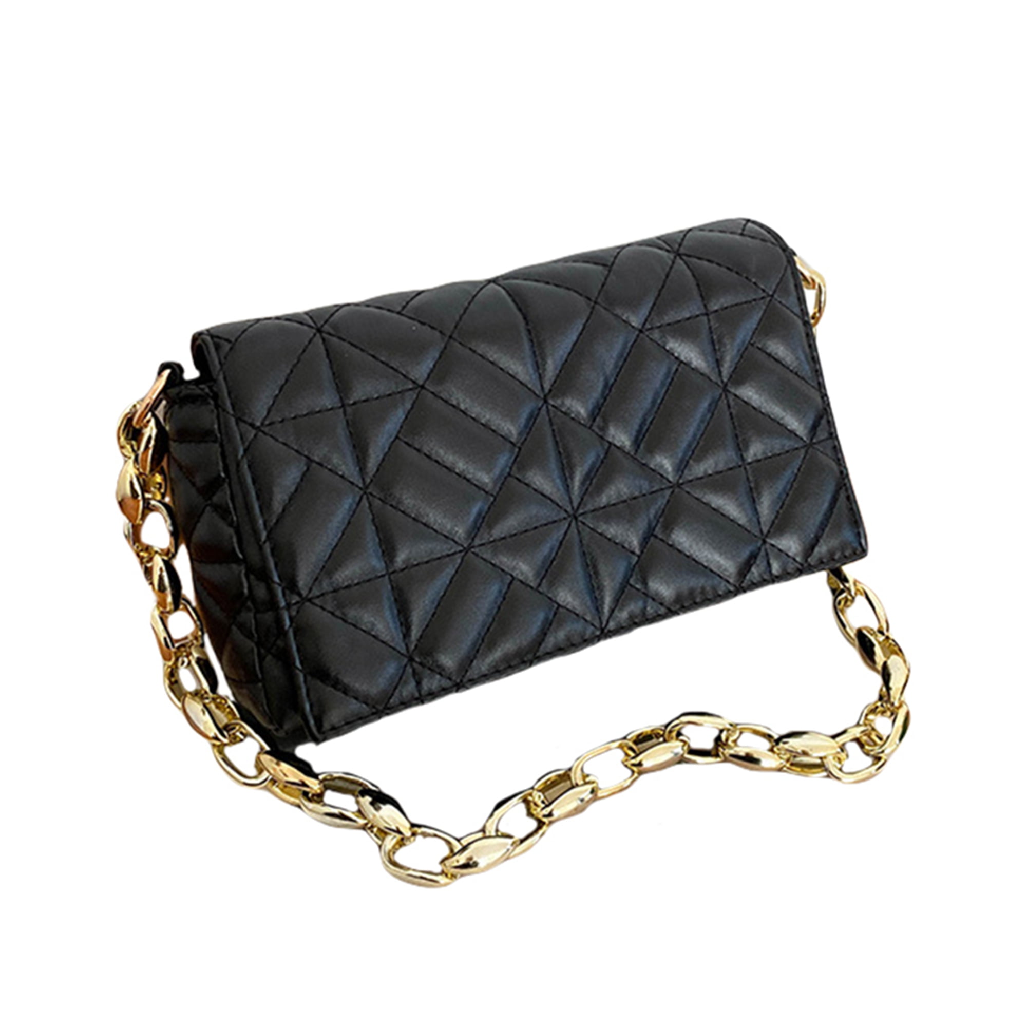 Black Mini Square Quilted Chunky Gold Chain Cross Body Bag