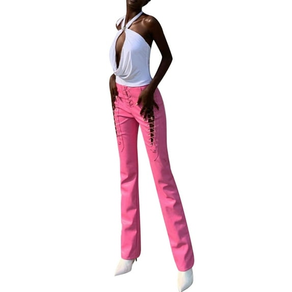 Women PU Leather Pants Vintage Punk 90s Lace Up Hollow Out High Waist Drawstring Bandage Trousers Cut Out Streetwear