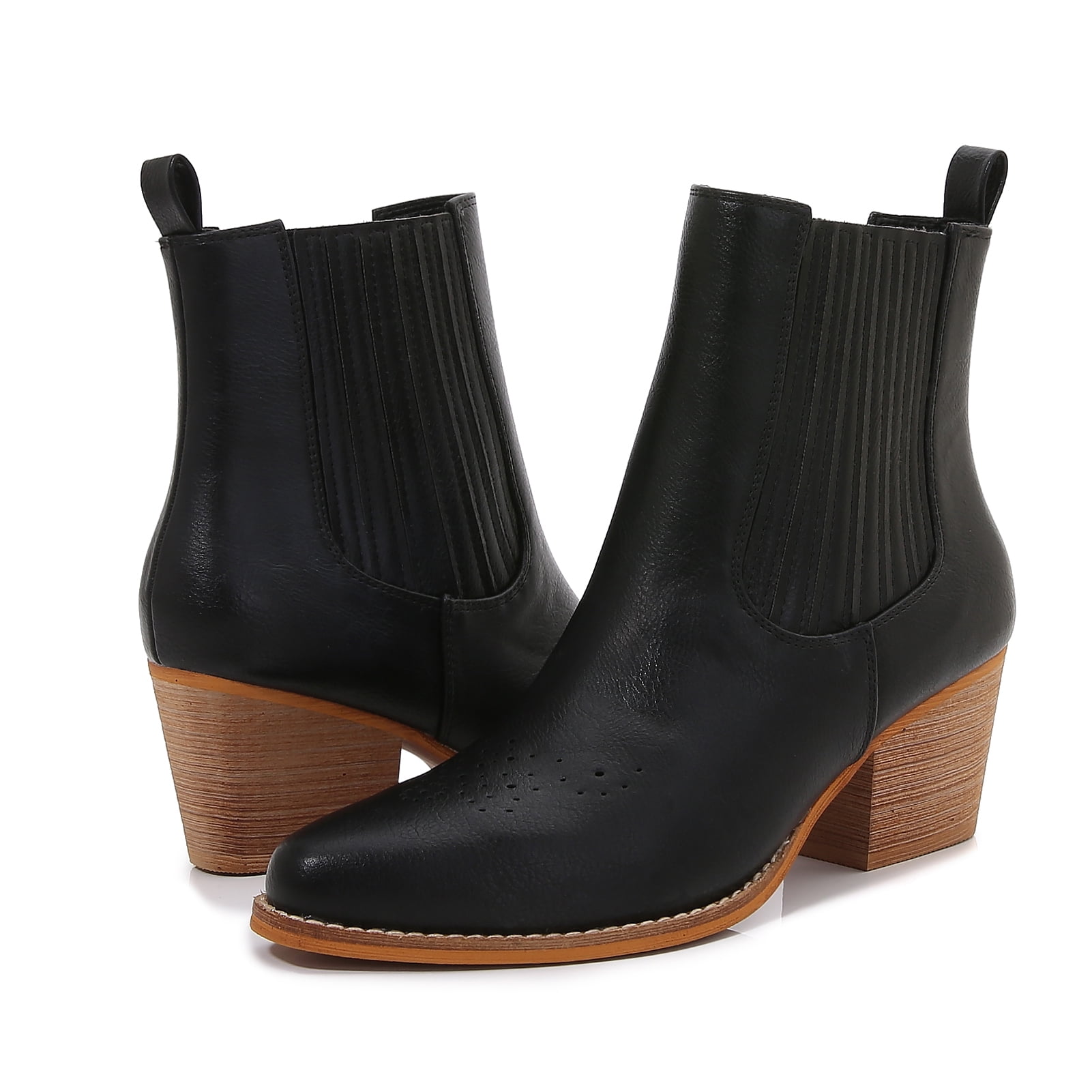 Women PU Leather Perforated Front Stacked Heel Ankle Boots with
