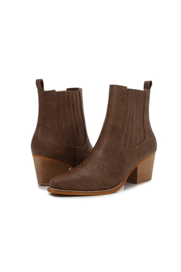 Women PU Leather Perforated Front Stacked Heel Ankle Boots with Elastic Side Gussets (Brown / 10)