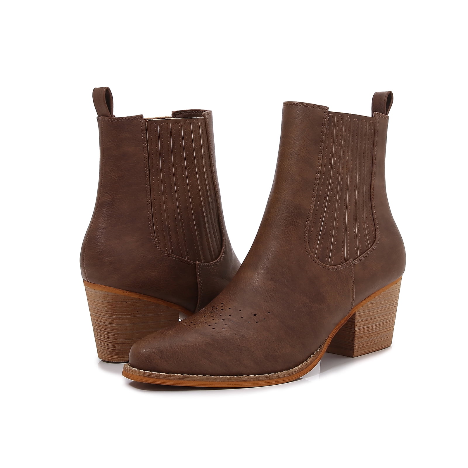 Women PU Leather Perforated Front Stacked Heel Ankle Boots with Elastic Side Gussets (Brown / 6)