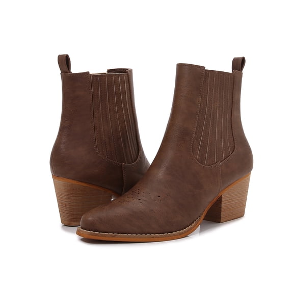 Women PU Leather Perforated Front Stacked Heel Ankle Boots with Elastic Side Gussets (Brown / 9)