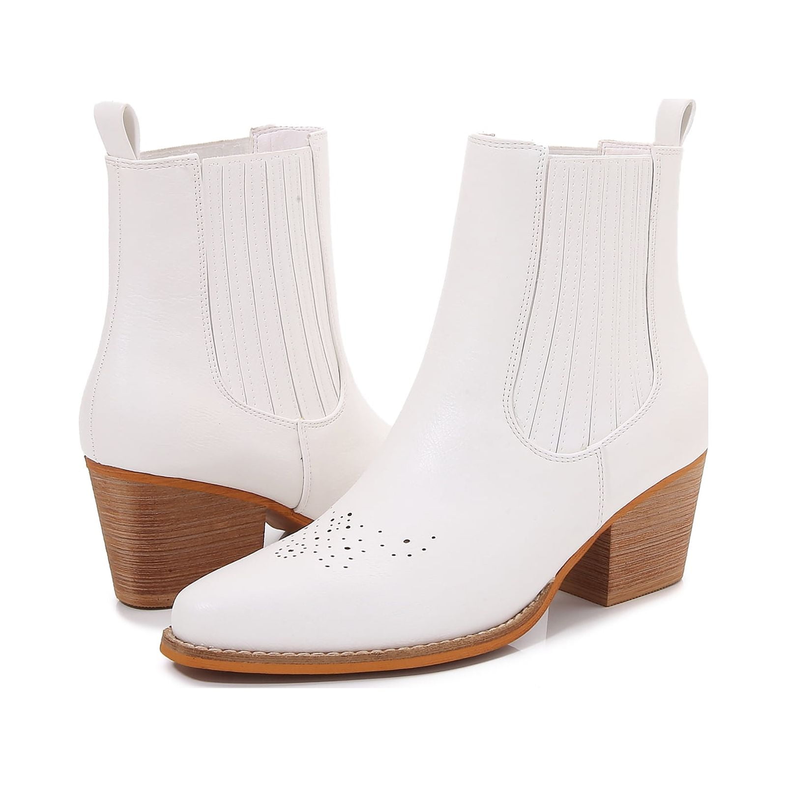Women PU Leather Perforated Front Stacked Heel Ankle Boots with Elastic Side Gussets (White / 10)