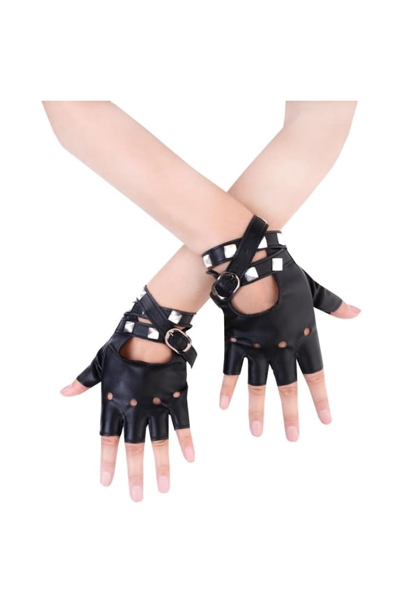Women PU Leather Punk Gloves Rivets Belt Up or Snap Half Finger Performance Mittens