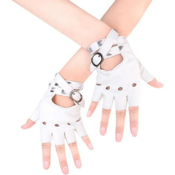Women PU Leather Punk Gloves Rivets Belt Up or Snap Half Finger Performance Mittens
