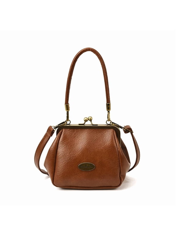 Women PU Leather Shoulder Bag Kiss Lock Crossbody Bag Fashion Underarm Bag for Work Shopping Travel (Dark Brown)